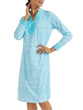 NWT - Coolibar - UPF 50+ Sampika Tunic Dress - Bay Aqua Coastal Ikat